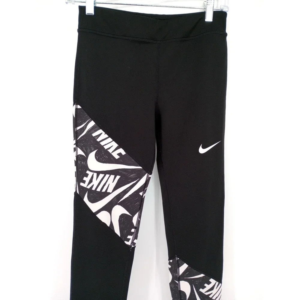 Nike Dri-Fit Leggings Girls XL Black White Swoosh Logo Graphic Activewear